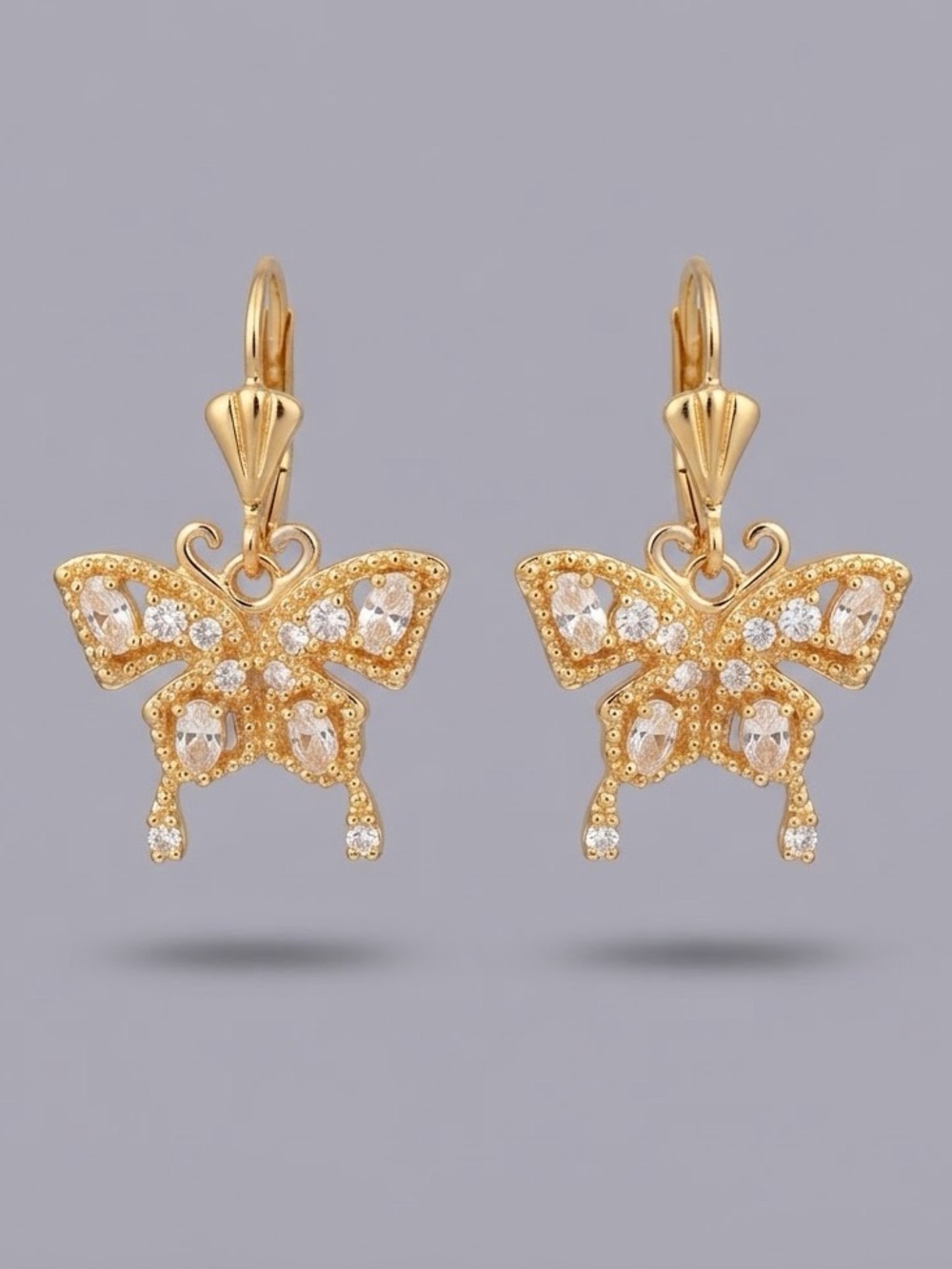 Gold CZ Butterfly Leverback Drop Earrings Unworn